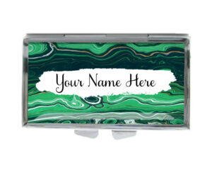 Custom Name Discreet Pill Holder - PILB196D - variation image, front view to show the design details, by terlis designs.