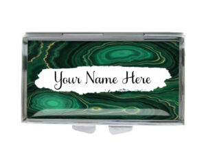 Custom Name Discreet Pill Holder - PILB196E - variation image, front view to show the design details, by terlis designs.