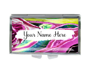 Custom Name Metal Pill Holder - PILB194A - variation image, front view to show the design details, by terlis designs.