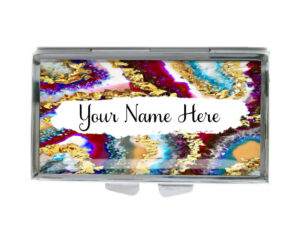 Custom Name Metal Pill Holder - PILB194D - variation image, front view to show the design details, by terlis designs.