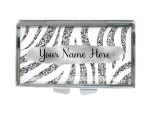 Custom Name Metal pill dispenser - PILB455A - variation image, front view to show the design details, by terlis designs.