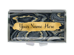 Custom Name Portable Pill Holder - PILB195B - variation image, front view to show the design details, by terlis designs.