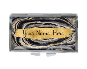 Custom Name Portable Pill Holder - PILB195C - variation image, front view to show the design details, by terlis designs.