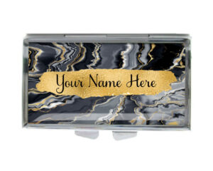 Custom Name Portable Pill Holder - PILB195E - variation image, front view to show the design details, by terlis designs.