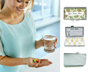 Custom Name Portable pill dispenser - PILB465, being used by a woman holding a glass of water and her pills.