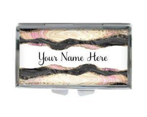 Custom Name Small Pill Holder - PILB192B - variation image, front view to show the design details, by terlis designs.