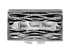 Custom Name Small pill dispenser - PILB453E - variation image, front view to show the design details, by terlis designs.