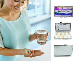 Custom Name Travel Pill Container - PILB200, being used by a woman holding a glass of water and her pills.
