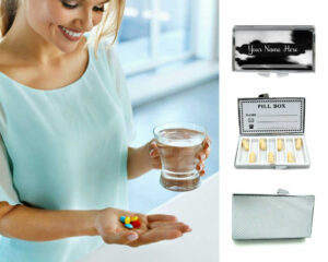 Custom Name Travel pill dispenser - PILB449, being used by a woman holding a glass of water and her pills.