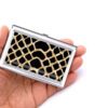Custom Name business card holder - BUS197B - Hand Shot, laying on a woman's hand to show the size, image by Terlis Designs.