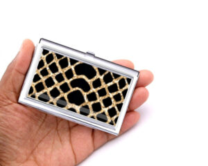 Custom Name business card holder - BUS197B - Hand Shot, laying on a woman's hand to show the size, image by Terlis Designs.