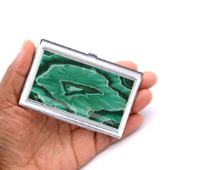 Custom Name decorative business card holder - BUS196B - Hand Shot, laying on a woman's hand to show the size, image by Terlis Designs.