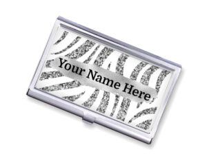 Custom Name metal credit card holder - BUS455A - Main image, front view to show the design details, by terlis designs.
