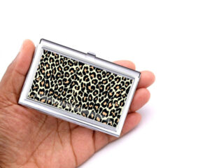 Custom Name personalized business card case - BUS448B - Hand Shot, laying on a woman's hand to show the size, image by Terlis Designs.