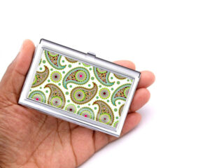 Custom Name personalized credit card holder - BUS465B - Hand Shot, laying on a woman's hand to show the size, image by Terlis Designs.