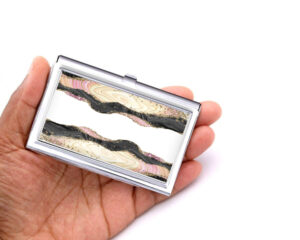 Custom Name pocket business card holder - BUS192B - Hand Shot, laying on a woman's hand to show the size, image by Terlis Designs.