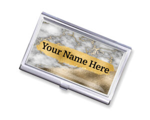 Custom Name silver business card case - BUS427A - Main image, front view to show the design details, by terlis designs.