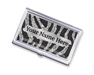 Custom Name silver credit card holder - BUS454A - Main image, front view to show the design details, by terlis designs.