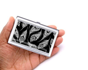 Custom Name silver credit card holder - BUS454B - Hand Shot, laying on a woman's hand to show the size, image by Terlis Designs.