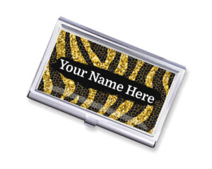 Custom Name stainless steel credit card holder - BUS451A - Main image, front view to show the design details, by terlis designs.