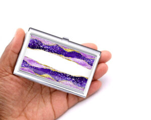 Custom Name travel business card holder - BUS191B - Hand Shot, laying on a woman's hand to show the size, image by Terlis Designs.