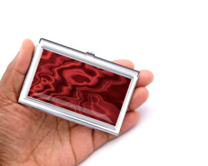 Custom Name travel credit card case - BUS199B - Hand Shot, laying on a woman's hand to show the size, image by Terlis Designs.