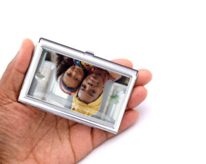 Custom Photo Business Card Holder - BUS481 - Hand Shot, laying on a woman's hand to show the size, image by Terlis Designs.