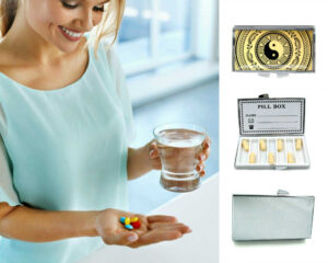 Yin Yang Discreet Pill Container - PILB418G3, being used by a woman holding a glass of water and her pills.