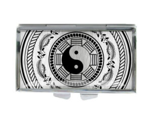 Yin Yang Discreet Pill Container - PILB418S3A - variation image, front view to show the design details, by terlis designs.