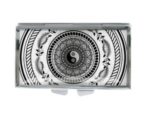 Yin Yang Discreet Pill Container - PILB418S3C - variation image, front view to show the design details, by terlis designs.