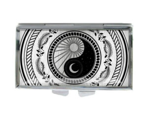 Yin Yang Discreet Pill Container - PILB418S3D - variation image, front view to show the design details, by terlis designs.
