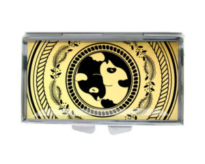 Yin Yang Metal Pill Container - PILB418G1B - variation image, front view to show the design details, by terlis designs.