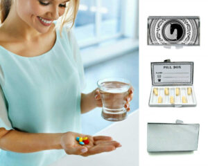 Yin Yang Metal Pill Container - PILB418S1, being used by a woman holding a glass of water and her pills.