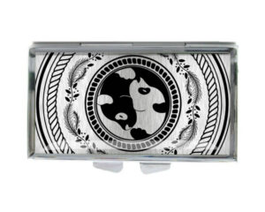 Yin Yang Metal Pill Container - PILB418S1B - variation image, front view to show the design details, by terlis designs.