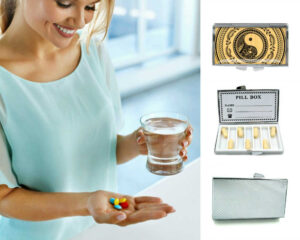 Yin Yang Portable Pill Container - PILB418B2, being used by a woman holding a glass of water and her pills.