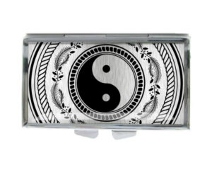 Yin Yang Portable Pill Container - PILB418S2D - variation image, front view to show the design details, by terlis designs.