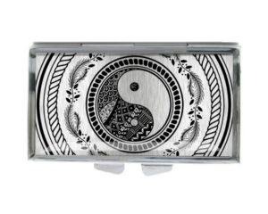 Yin Yang Portable Pill Container - PILB418S2E - variation image, front view to show the design details, by terlis designs.