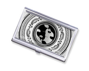 Yin Yang stainless steel business card case - BUS418S1B - Variation Image, front view to show the design details, by terlis designs.