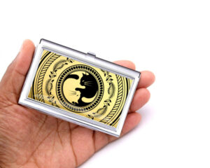Yin Yang travel business card case - BUS418G1A - Hand Shot, laying on a woman's hand to show the size, image by Terlis Designs.