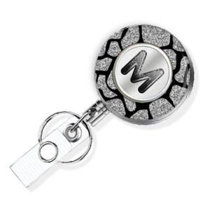 Black Silver Animal Print teacher badge reel - BADR453A - Main Image front view to show the design details. Created by Terlis Designs.