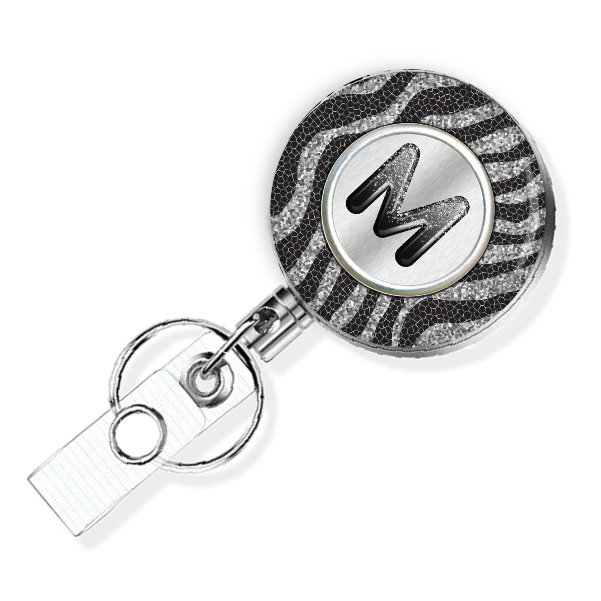 Black Silver Glitter employee badge reel, monogram initials Id