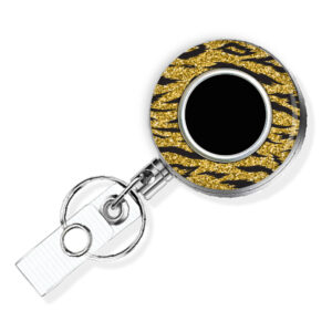 Gold Glitter Animal Print badge reel - BADR450D - Variation Image, showing The Design(s) You Can Choose From. Created By Terlis Designs.