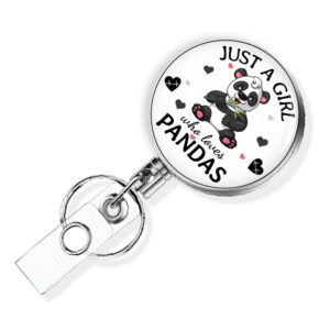 Just A Girl Who Loves Pandas badge reel - BADR421E - Variation Image, showing The Design(s) You Can Choose From. Created By Terlis Designs.