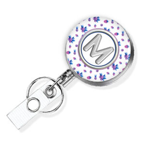 Lilac Blue Floral Print custom badge reel - BADR457A - Main Image front view to show the design details. Created by Terlis Designs.