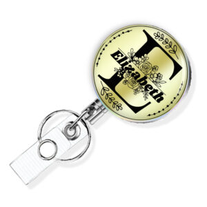 Personalized initial badge reel - BADR415GLD - Main Image front view to show the design details. Created by Terlis Designs.