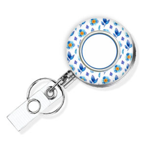 Sky Blue Floral Print nurse pediatrics badge reel - BADR456A - Variation Image, showing The Design(s) You Can Choose From. Created By Terlis Designs.
