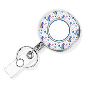 Sky Blue Floral Print nurse pediatrics badge reel - BADR456D - Variation Image, showing The Design(s) You Can Choose From. Created By Terlis Designs.