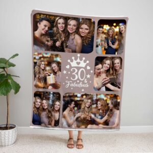 30th Birthday Custom Photo Collage Blanket With Pictures - BLANRM1, showing a lady standing upright, holding the blanket above her head to show the full design.