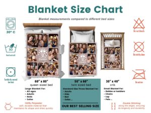 30th Birthday Custom Photo Collage Blanket With Pictures - BLANRM1, size chart of each blanket placed in a crib, single bed, twin bed, and queen sized bed.