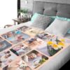 Custom Anniversary Collage Photo Blanket - BLANAI1, laid over a queen sized bed to show the plush blanket in use.